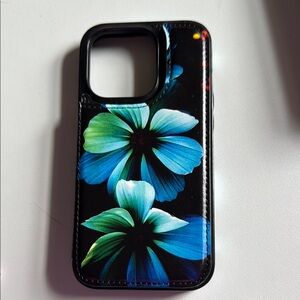 Floral Blue and Black iPhone 14 Pro cardholder case